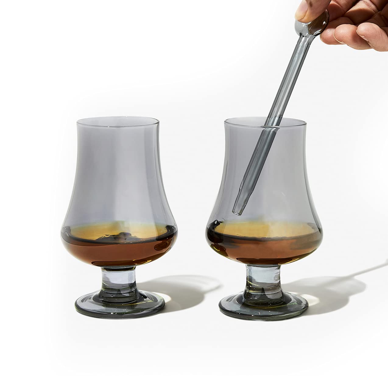 Amehla Handblown Whiskey Tasting Set of 2, 5-ounce Whisky Glasses with Water Dropper Pipette - Snifter for Sipping Bourbon Copita Scotch Glass Set for Nosing and Drinking Spirits