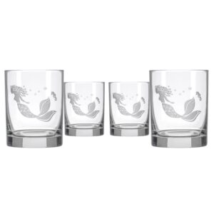 rolf glass mermaid double old fashioned glass 13 ounce - whiskey glass set of 4 – lead-free glass - etched whiskey tumbler glasses - made in the usa