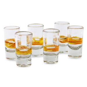 novica artisan crafted yellow spiral clear recycled tequila shot glasses, 2 oz. 'ribbon of sunshine' (set of 6)