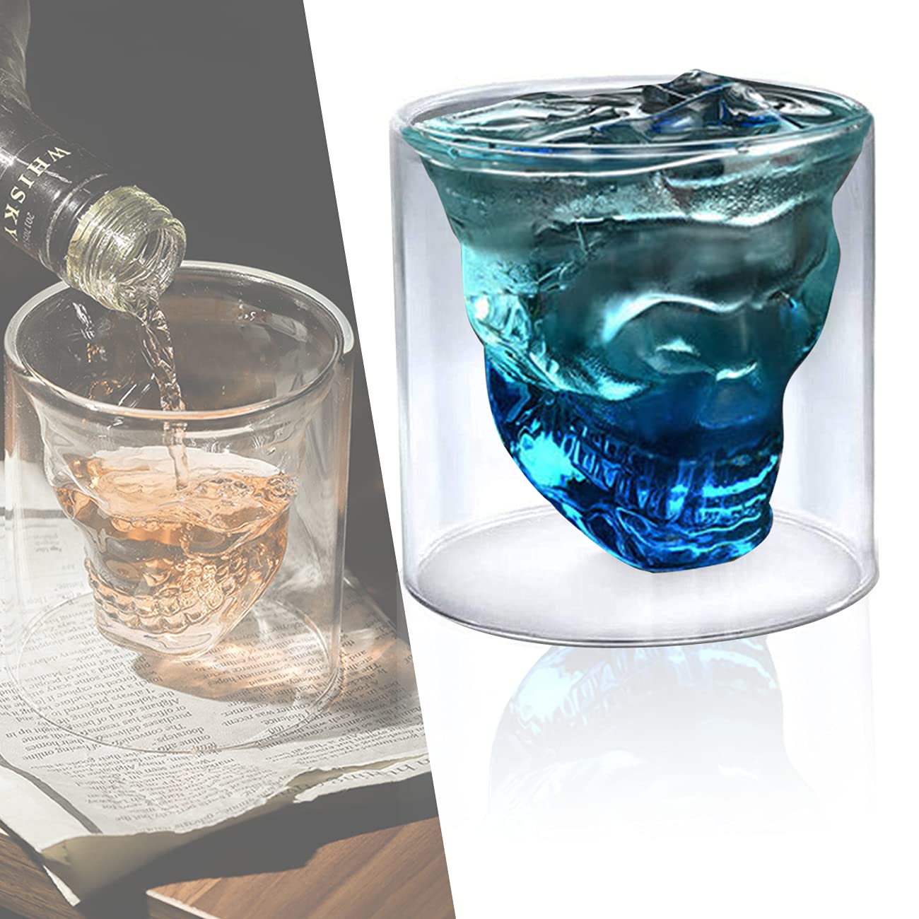 Rircio Double Layer Unique Transparent Design Skull Whiskey Glass Cup, Funny Crystal Drinking Cup, Shot Glasses, Cool Beer Cup for Wine Cocktail Vodka, Home Halloween Party Bar Cup Gift (6oz / 180ML)