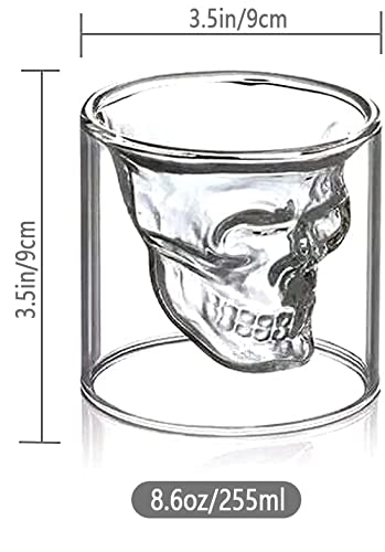 Rircio Double Layer Unique Transparent Design Skull Whiskey Glass Cup, Funny Crystal Drinking Cup, Shot Glasses, Cool Beer Cup for Wine Cocktail Vodka, Home Halloween Party Bar Cup Gift (6oz / 180ML)