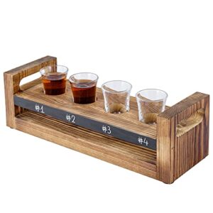 mygift flight serving caddy set, rustic burnt solid wood tasting holding tray with handles - includes 4 clear shot glasses and chalkboard label panel
