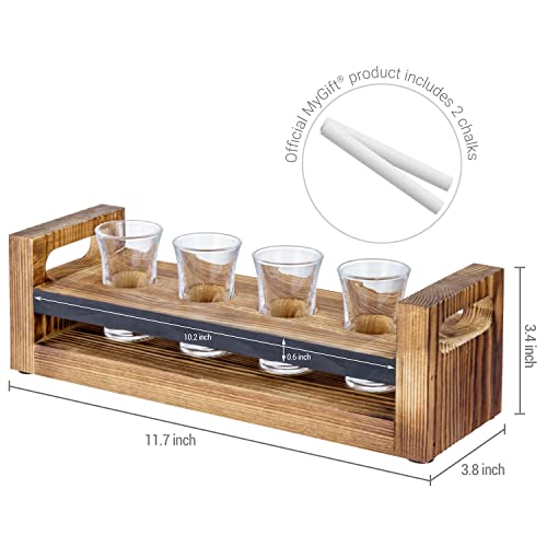 MyGift Flight Serving Caddy Set, Rustic Burnt Solid Wood Tasting Holding Tray with Handles - Includes 4 Clear Shot Glasses and Chalkboard Label Panel