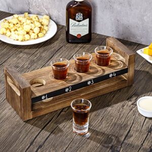 MyGift Flight Serving Caddy Set, Rustic Burnt Solid Wood Tasting Holding Tray with Handles - Includes 4 Clear Shot Glasses and Chalkboard Label Panel