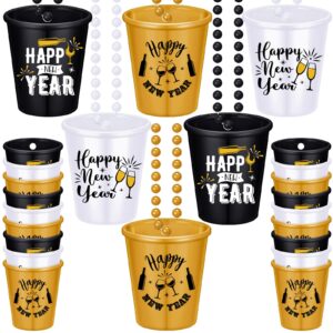 12 pieces happy new year shot glass beaded necklace plastic shot necklace cups new years party shot glasses necklace favors for adults and teens new year's party family gathering supplies, 3 colors