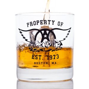 property of aerosmith printed whiskey glass - officially licensed, premium quality, handcrafted glassware, 11oz. rocks glass - perfect collectible gift for rock music fans & aerosmith enthusiasts