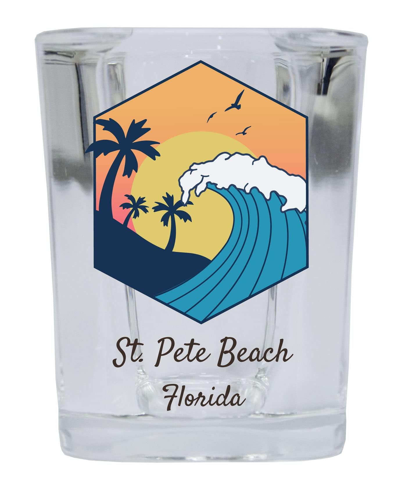 R and R Imports St. Pete Beach Florida Souvenir 2 Ounce Square Base Shot Glass Wave Design Single