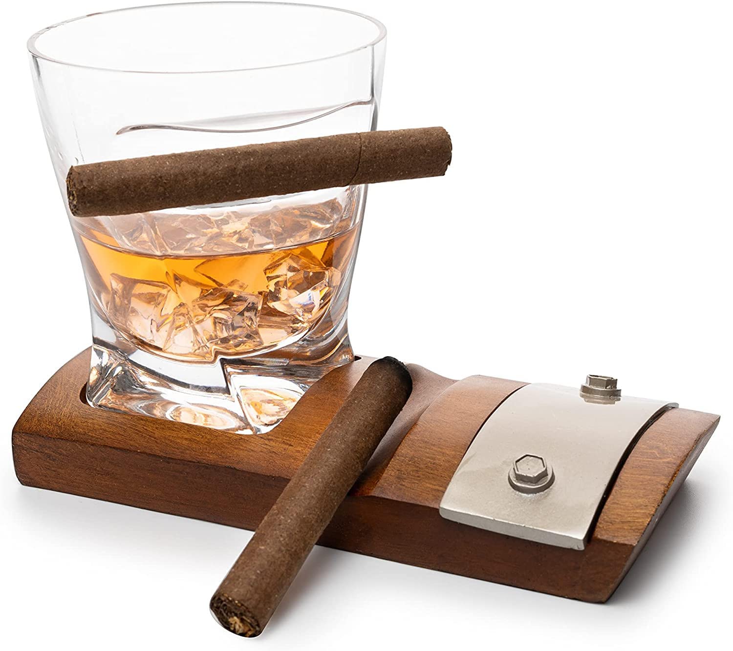 Glass & Cigar Coaster & with A Unique Whiskey Glass Slot to Hold Cigar Item, Whiskey Glass Gift Set, Item Rest, Accessory Set Gift for Dad, Men Home Office Decor Gifts, Fathers Day - Christmas