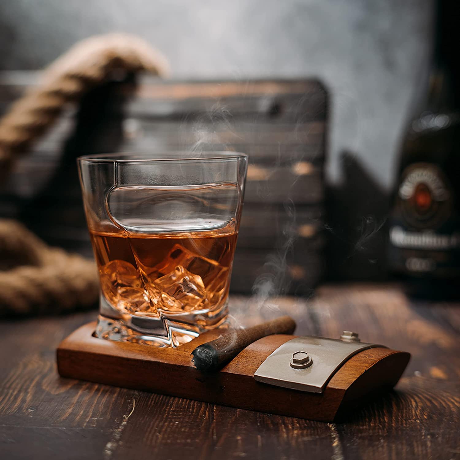 Glass & Cigar Coaster & with A Unique Whiskey Glass Slot to Hold Cigar Item, Whiskey Glass Gift Set, Item Rest, Accessory Set Gift for Dad, Men Home Office Decor Gifts, Fathers Day - Christmas