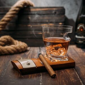 Glass & Cigar Coaster & with A Unique Whiskey Glass Slot to Hold Cigar Item, Whiskey Glass Gift Set, Item Rest, Accessory Set Gift for Dad, Men Home Office Decor Gifts, Fathers Day - Christmas