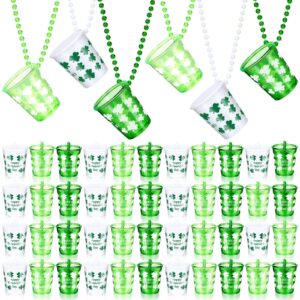 cunno 50 pieces st. patrick's day shot glass on beaded necklace shamrock plastic shot cup necklace white green shot glass necklaces for festival parade bachelorette wedding birthday party favors