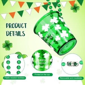 Cunno 50 Pieces St. Patrick's Day Shot Glass on Beaded Necklace Shamrock Plastic Shot Cup Necklace White Green Shot Glass Necklaces for Festival Parade Bachelorette Wedding Birthday Party Favors