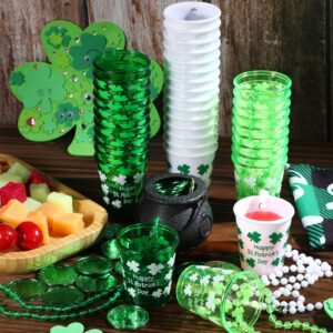 Cunno 50 Pieces St. Patrick's Day Shot Glass on Beaded Necklace Shamrock Plastic Shot Cup Necklace White Green Shot Glass Necklaces for Festival Parade Bachelorette Wedding Birthday Party Favors