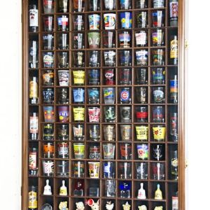 108 Shot Glass Shotglass Shooter Display Case Holder Cabinet Wall Rack 98% UV Lockable Door -Walnut