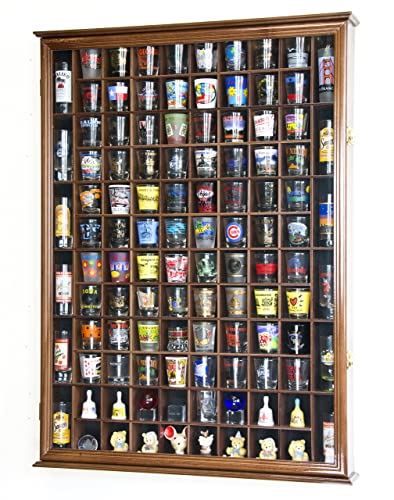 108 Shot Glass Shotglass Shooter Display Case Holder Cabinet Wall Rack 98% UV Lockable Door -Walnut