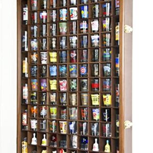 108 Shot Glass Shotglass Shooter Display Case Holder Cabinet Wall Rack 98% UV Lockable Door -Walnut