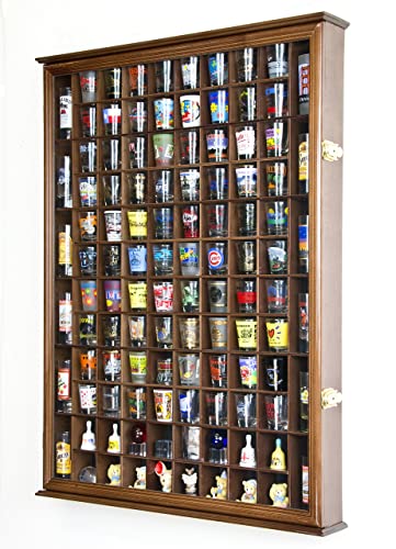 108 Shot Glass Shotglass Shooter Display Case Holder Cabinet Wall Rack 98% UV Lockable Door -Walnut