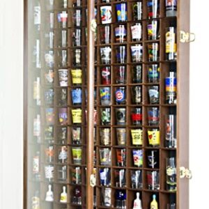 108 Shot Glass Shotglass Shooter Display Case Holder Cabinet Wall Rack 98% UV Lockable Door -Walnut