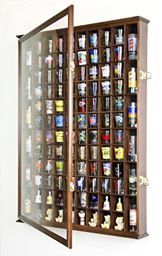 108 Shot Glass Shotglass Shooter Display Case Holder Cabinet Wall Rack 98% UV Lockable Door -Walnut