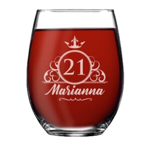 the wedding party store, custom personalized twenty first birthday square shot glass, wine glass, champagne flute, beer glass - customized 21st b-day celebration party (15 oz stemless wine glass)