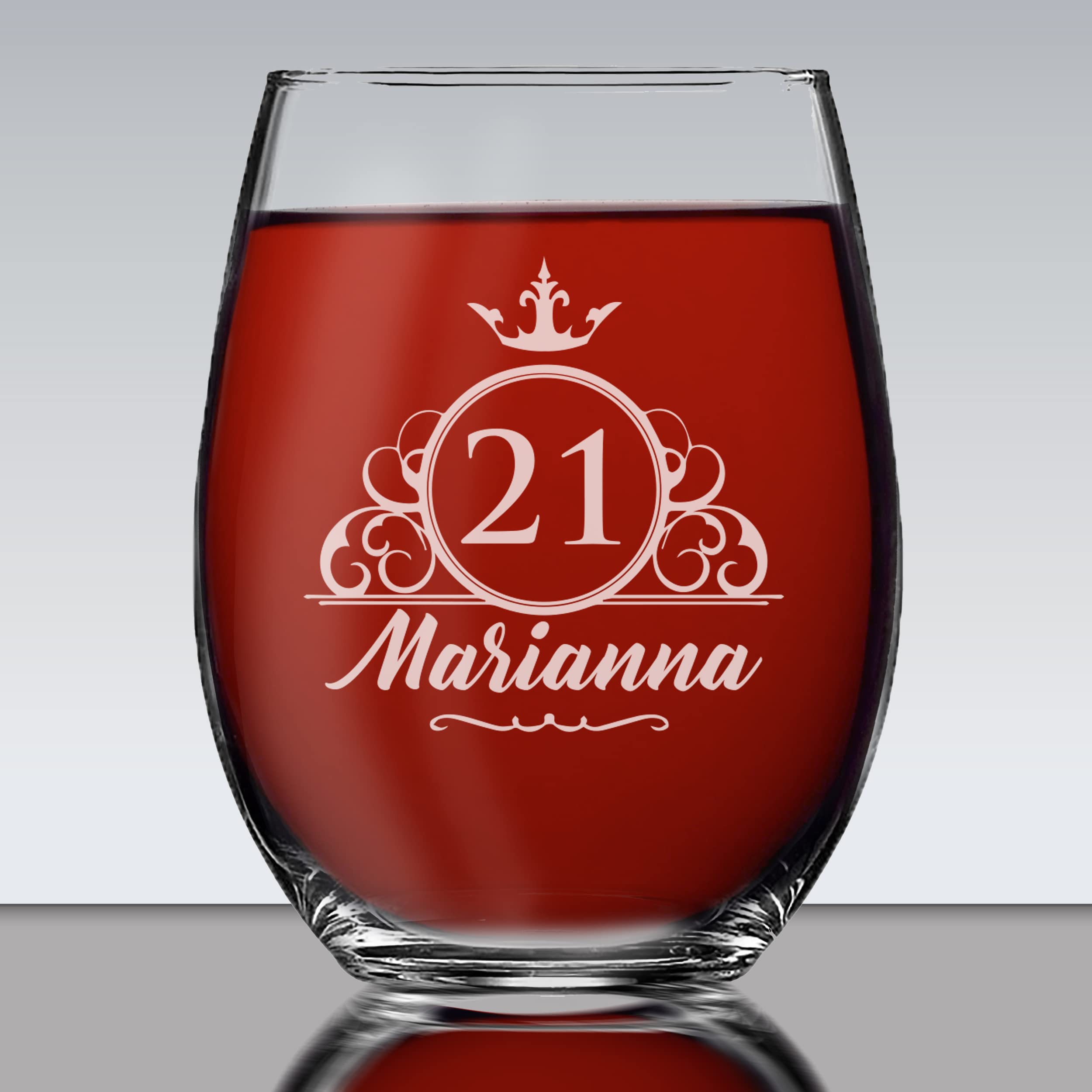 The Wedding Party Store, Custom Personalized Twenty First Birthday Square Shot Glass, Wine Glass, Champagne Flute, Beer Glass - Customized 21st B-day Celebration Party (15 oz Stemless Wine Glass)