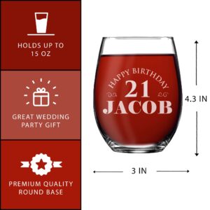 The Wedding Party Store, Custom Personalized Twenty First Birthday Square Shot Glass, Wine Glass, Champagne Flute, Beer Glass - Customized 21st B-day Celebration Party (15 oz Stemless Wine Glass)