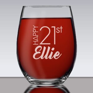 The Wedding Party Store, Custom Personalized Twenty First Birthday Square Shot Glass, Wine Glass, Champagne Flute, Beer Glass - Customized 21st B-day Celebration Party (15 oz Stemless Wine Glass)