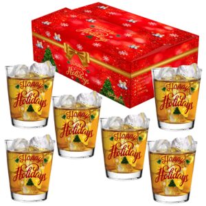 bisyata christmas shot glass gift set -happy holidays- glasses drinkware or votive candle holder for thanksgiving or christmas table decoration - 2oz set of 6 - with gift box