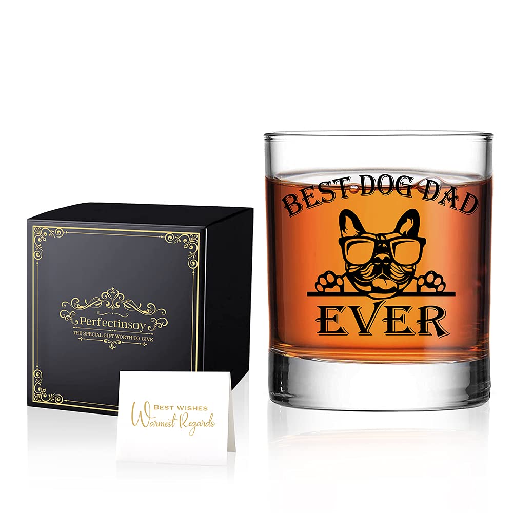 Perfectinsoy Dog Dad Ever Whiskey Glass with Gift Box, Cute French Bulldog Themed, Dog Lover Gifts for Him, Dog Dads, Dad, Grandpa, Uncle, Brothers, Husband, Whiskey Glass Gift for Dog Lovers …