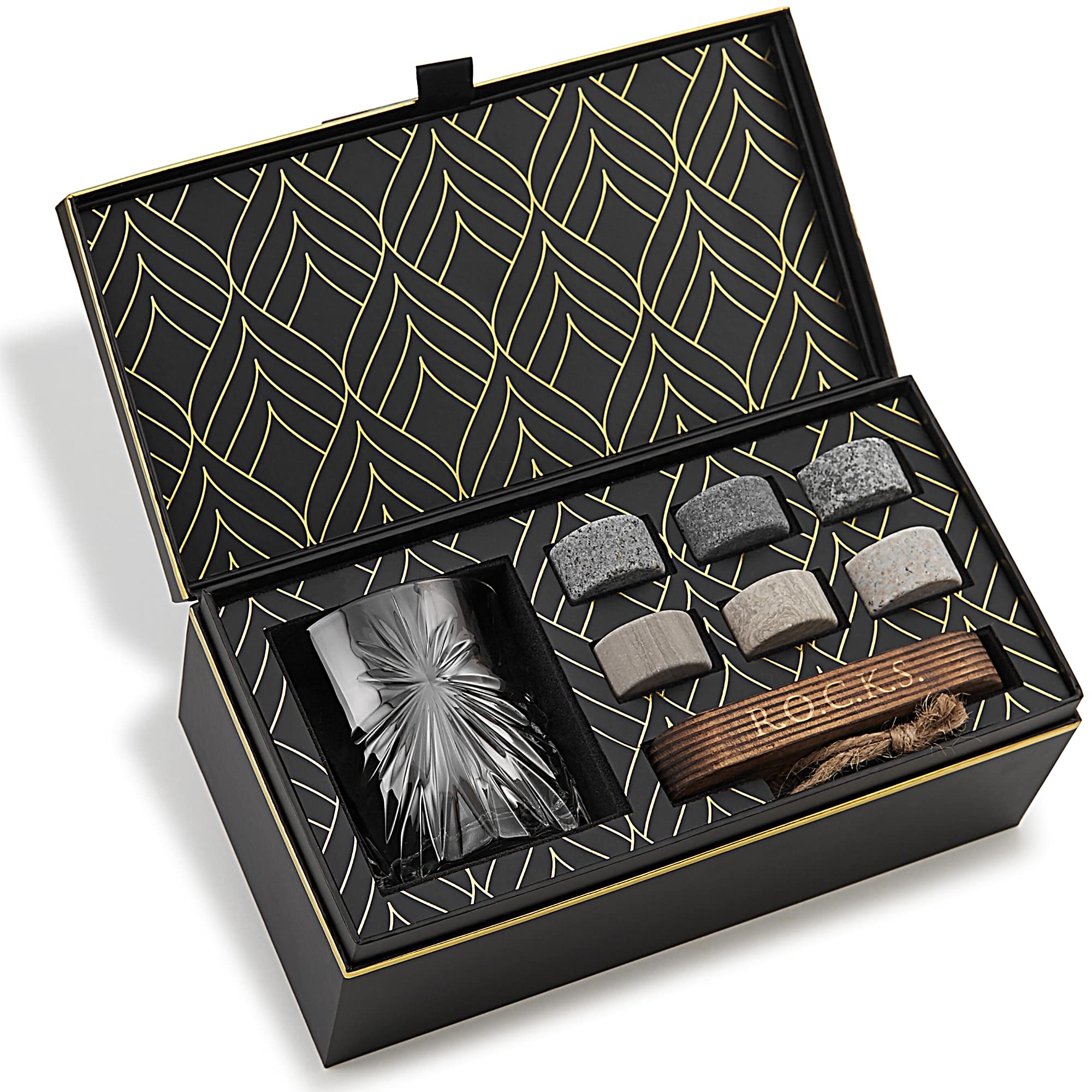 Whiskey Stones & Old Fashioned Cocktail Glass Gift Set - 6 Handcrafted Granite Round Chilling Rocks - Crystal Soleil Whiskey Glasses (11oz) - Hardwood Presentation Tray - Gold Foil Box