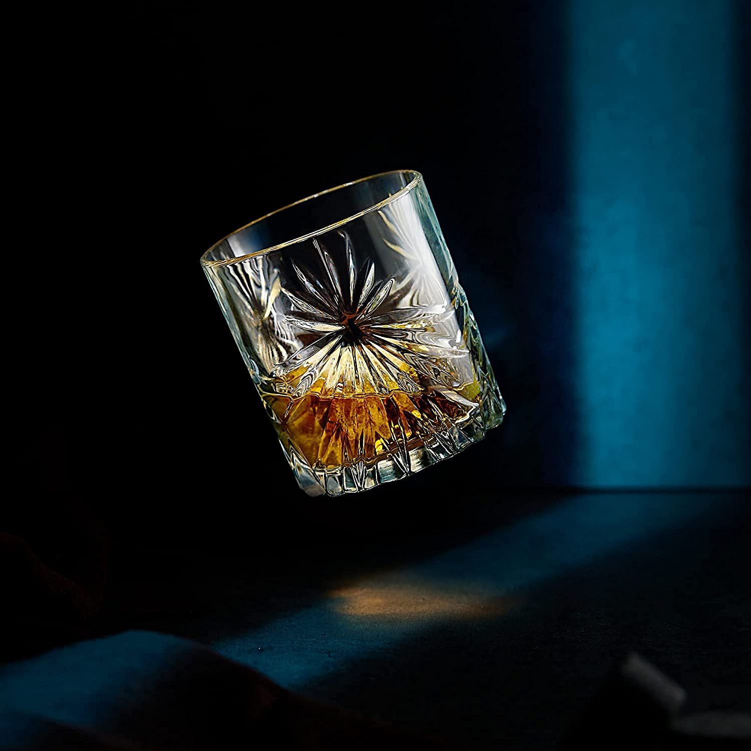 Whiskey Stones & Old Fashioned Cocktail Glass Gift Set - 6 Handcrafted Granite Round Chilling Rocks - Crystal Soleil Whiskey Glasses (11oz) - Hardwood Presentation Tray - Gold Foil Box