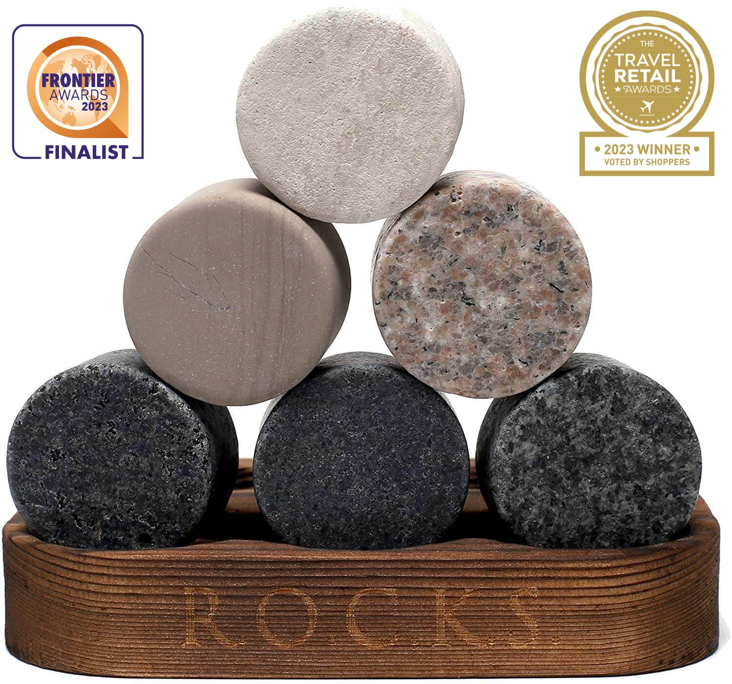 Whiskey Stones & Old Fashioned Cocktail Glass Gift Set - 6 Handcrafted Granite Round Chilling Rocks - Crystal Soleil Whiskey Glasses (11oz) - Hardwood Presentation Tray - Gold Foil Box