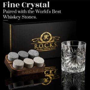 Whiskey Stones & Old Fashioned Cocktail Glass Gift Set - 6 Handcrafted Granite Round Chilling Rocks - Crystal Soleil Whiskey Glasses (11oz) - Hardwood Presentation Tray - Gold Foil Box