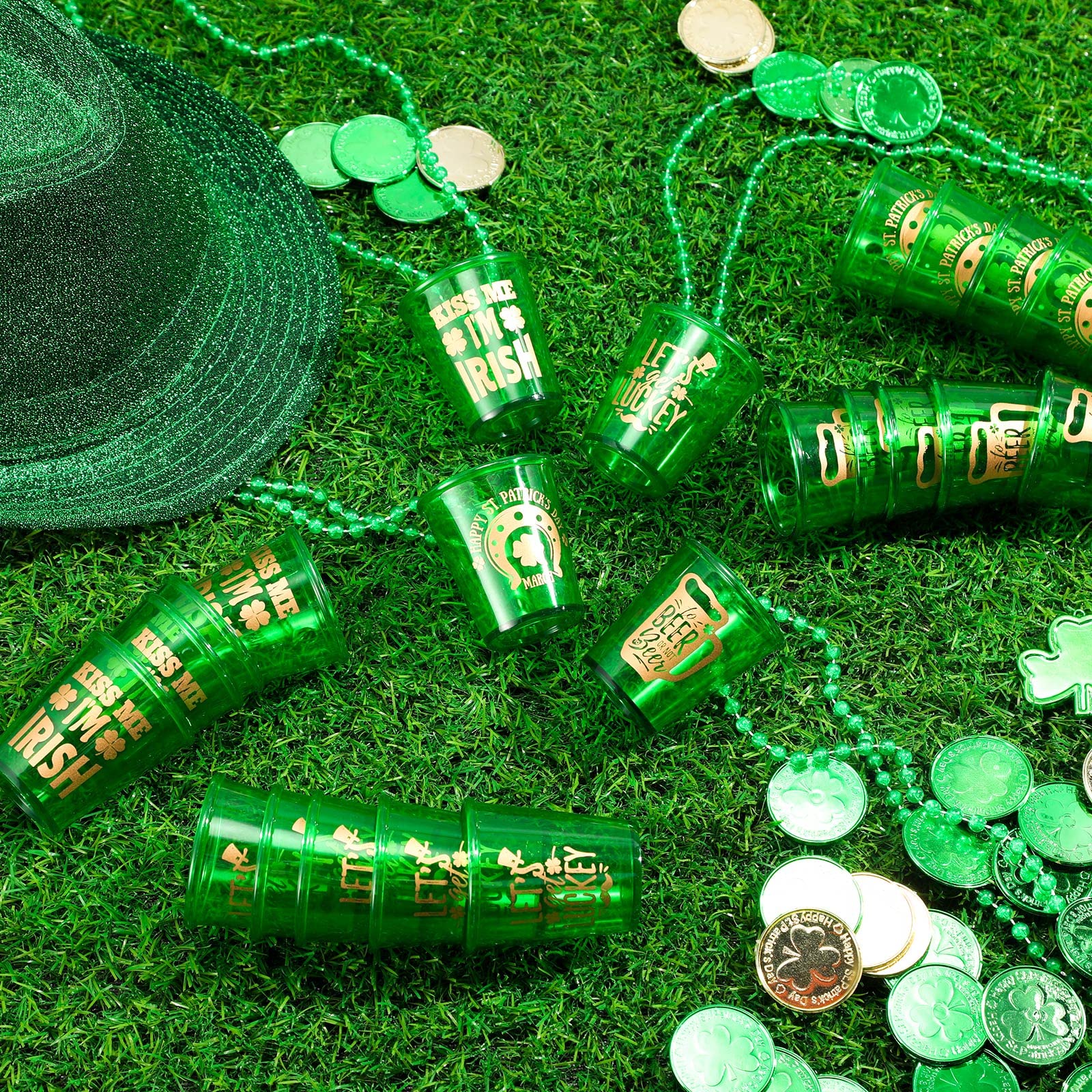 24 Pieces Green Shamrock [shot glas]s on Beaded Necklace Lucky Party Beer Cups for St. Patrick's Day Party Festival Parade Decoration Favor(4 Styles)