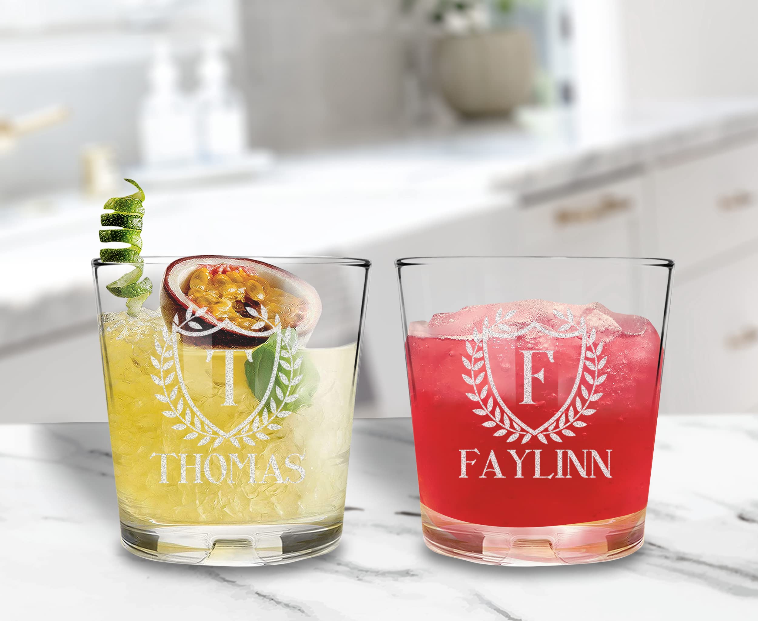 TEEAMORE Personalize Old Fashioned Cocktail Glasses Add Your Name Initial Birthday Anniversary Etched Rocks Whiskey Glass 9oz