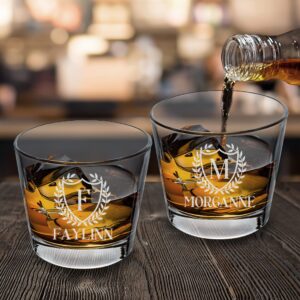 TEEAMORE Personalize Old Fashioned Cocktail Glasses Add Your Name Initial Birthday Anniversary Etched Rocks Whiskey Glass 9oz