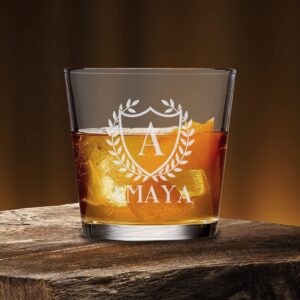 TEEAMORE Personalize Old Fashioned Cocktail Glasses Add Your Name Initial Birthday Anniversary Etched Rocks Whiskey Glass 9oz