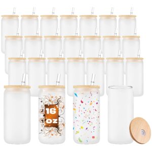 vacvou 25 pack 16oz frosted sublimation beer can glass with bamboo lids and straw,glass cups, beer glasses, iced coffee glasses reusable drinking glasses,diy gift(frosted)