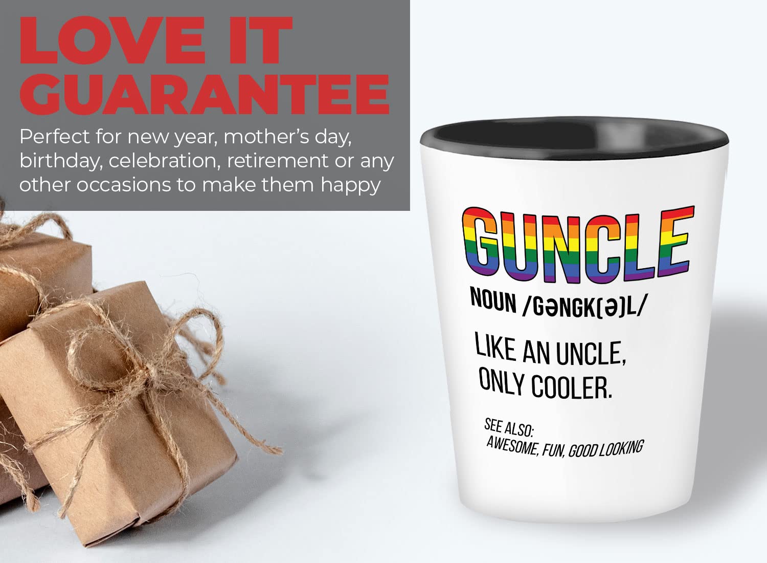 Bubble Hugs LGBTQ Shot Glass 1.5oz - Guncle Definition - LGBT Uncle LGBTQ Men's Pride Funny Gay Uncle Uncle Birthday Proud Ally Rainbow Love Equality Gay Lesbian