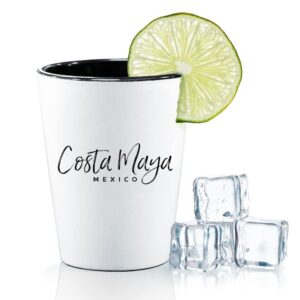 costa maya mexico ceramic 1.5 ounce souvenir shot glass - white with black interior - bachelor & bachelorette party favors - bridesmaid & groomsmen present - mexico home town decoration