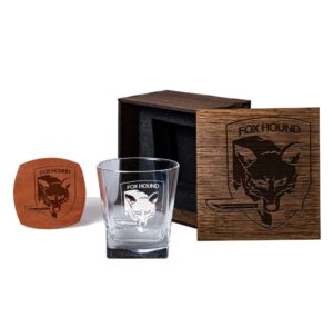 handcrafted whiskey gift set with custom glass, engraved wood box, and leather coaster - stylish gifts for game fan - unique present for him (fox hound)