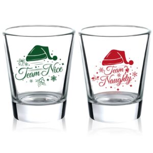 2 pcs shot glasses christmas team naughty and team nice novelty glass 2 oz xmas liquor glass green red christmas hat funny heavy glass for holiday celebrating wedding party game gift supplies