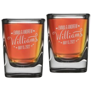(set of 2) personalized wedding engraved square heavy base prism shot glass 2 oz. with gift box, custom names and date, gifts for bride and groom (last name)