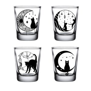 brindle southern farms cats, crystals, & moon shot glass set of 4: engraved cat shot glasses cat decor, cat mom barware (diamond black engraved)