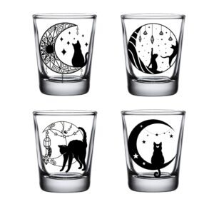 Brindle Southern Farms Cats, Crystals, & Moon Shot Glass Set of 4: Engraved Cat Shot Glasses Cat Decor, Cat Mom Barware (Diamond Black Engraved)