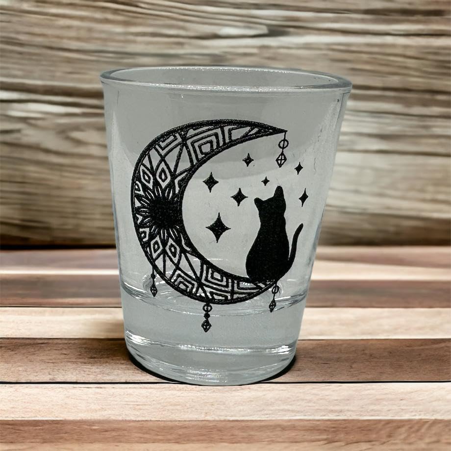 Brindle Southern Farms Cats, Crystals, & Moon Shot Glass Set of 4: Engraved Cat Shot Glasses Cat Decor, Cat Mom Barware (Diamond Black Engraved)