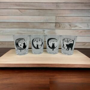 Brindle Southern Farms Cats, Crystals, & Moon Shot Glass Set of 4: Engraved Cat Shot Glasses Cat Decor, Cat Mom Barware (Diamond Black Engraved)