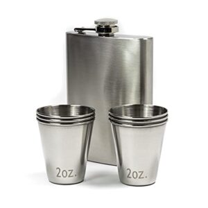 asr outdoor portable stainless steel silver shot glasses and flask set, 7pc