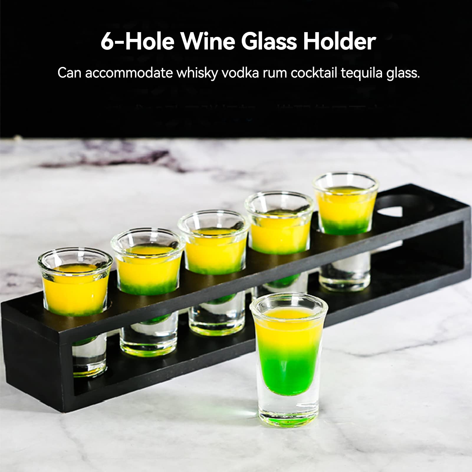 Shot Glasses Cocktail Holder, Shot Glass Tray Holder Organizer Drinks Serving Board Organizer 6 Holes Wooden Drinks Paddle Black Shot Glass Serving Tray for Home Party Bar(01)