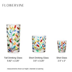 Murano Glass Italian Crystal Shot Glasses, Hand Painted Flowervine Pattern, Set of 6 - Made In Italy